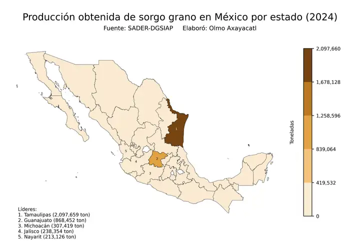 Producción obtenida de sorgo en México por estado