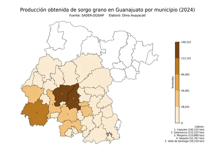 Producción obtenida de sorgo en Guanajuato por municipio