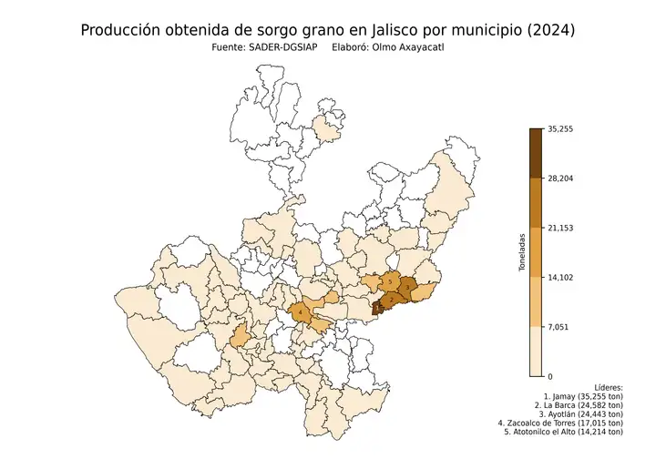 Producción obtenida de sorgo en Jalisco por municipio