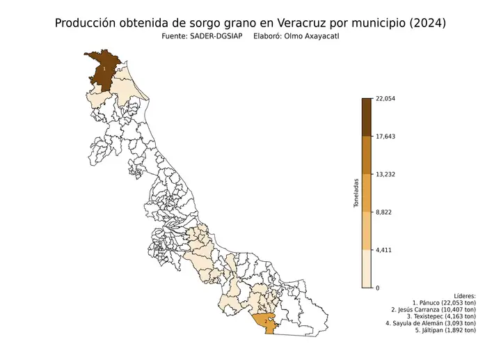 Producción obtenida de sorgo en Veracruz por municipio