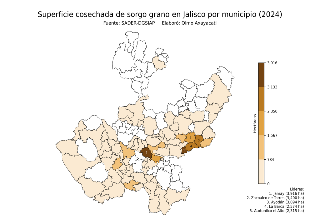 México Producción Agrícola Sorgo grano Jalisco (superficie cosechada)